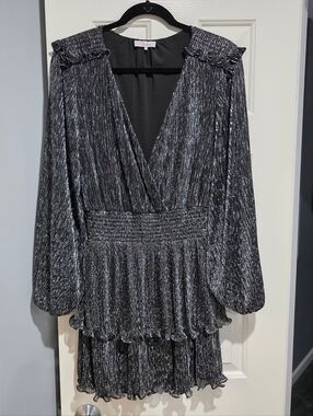 Parker Metallic Black Silver Pleated Mini Dress